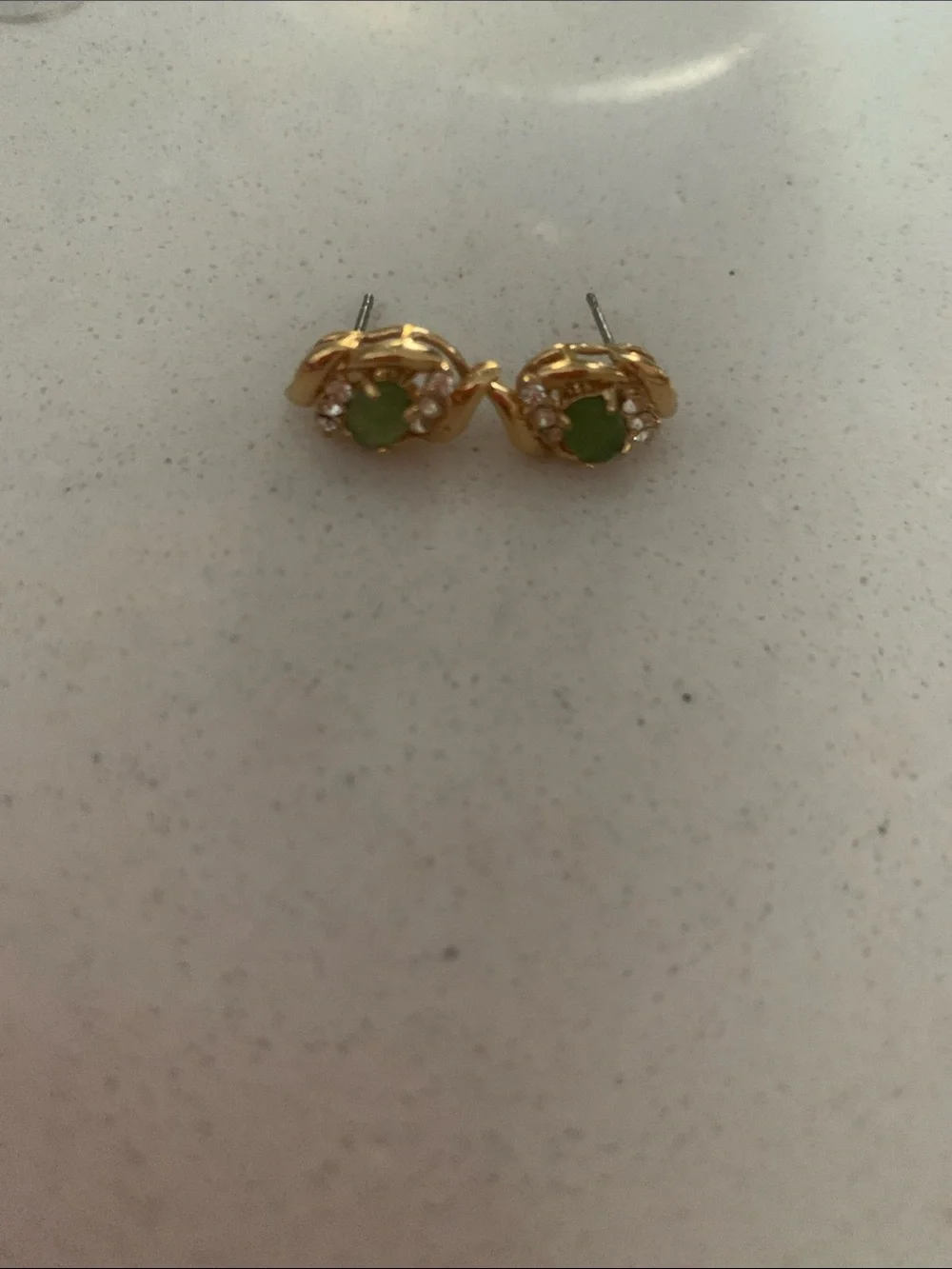 Gold-Tone Stud Earrings with Green Center and Clear Accents